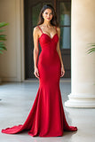 Robe de bal rouge mat fourreau spaghetti bretelles