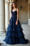 Robe longue de bal à bretelles spaghetti bleu marine avec volants
