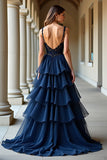 Robe longue de bal à bretelles spaghetti bleu marine avec volants