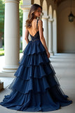 Robe longue de bal à bretelles spaghetti bleu marine avec volants