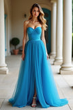 Une ligne bleue bustier plissée longue bal avec fente