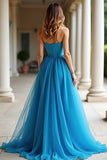 Une ligne bleue bustier plissée longue bal avec fente