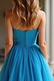 Une ligne bleue bustier plissée longue bal avec fente