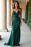 Fourreau Vert Foncé Spaghetti Bretelles Robe de Bal En Satin Mat