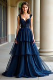 Bleu marine à bretelles spaghetti à plusieurs niveaux Robe longue de bal en dentelle