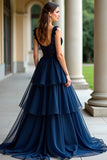 Bleu marine à bretelles spaghetti à plusieurs niveaux Robe longue de bal en dentelle