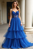 Une ligne Robe longue de bal en dentelle à bretelles spaghetti bleu royal
