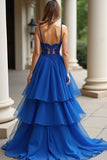 Une ligne Robe longue de bal en dentelle à bretelles spaghetti bleu royal
