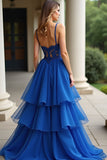 Une ligne Robe longue de bal en dentelle à bretelles spaghetti bleu royal