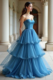 A Line Robe de bal longue bustier en organza bleu à plusieurs niveaux
