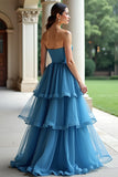 A Line Robe de bal longue bustier en organza bleu à plusieurs niveaux