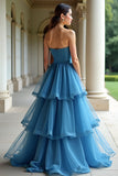 A Line Robe de bal longue bustier en organza bleu à plusieurs niveaux