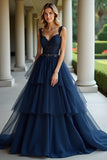 Bleu marine à bretelles spaghetti à plusieurs niveaux Robe longue de bal en dentelle