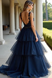 Bleu marine à bretelles spaghetti à plusieurs niveaux Robe longue de bal en dentelle