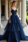 Bleu marine à bretelles spaghetti à plusieurs niveaux Robe longue de bal en dentelle
