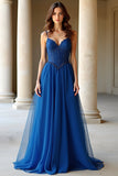 Bleu foncé A ligne spaghetti bretelles Organza robe longue de bal