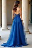 Bleu foncé A ligne spaghetti bretelles Organza robe longue de bal