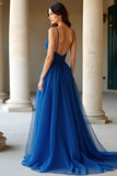 Bleu foncé A ligne spaghetti bretelles Organza robe longue de bal