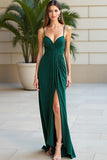Robe longue de bal à bretelles spaghetti gaine vert foncé avec fente