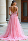 Une ligne spaghetti bretelles dentelle rose robe longue de bal