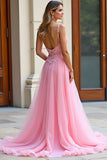 Une ligne spaghetti bretelles dentelle rose robe longue de bal