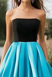 Noir Bleu Satin Une ligne Sans bretelles Plissée Robe Longue de Bal