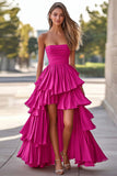 Robe de bal trapèze sans bretelles à volants froncés en satin