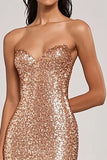 Robe longue de bal scintillante sirène champagne sans bretelles à paillettes avec fente