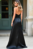 Robe de bal longue sans bretelles en satin noir scintillant avec appliques à paillettes