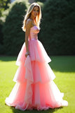 Robe longue de bal en tulle à volants a-trapèze