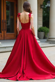 Nœud papillon trapèze spaghetti bretelles satin robe longue de bal
