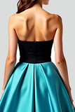 Noir Paon Bleu A-ligne Sans Bretelles Satin Longue Robe de Bal Avec Évidé