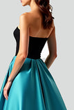 Noir Paon Bleu A-ligne Sans Bretelles Satin Longue Robe de Bal Avec Évidé