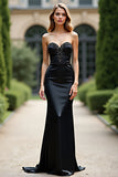 Sirène noire scintillante sans bretelles en satin longue robe de bal avec strass