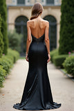 Sirène noire scintillante sans bretelles en satin longue robe de bal avec strass