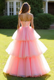 robe de bal rose bustier à volants Tulle robe longue de bal