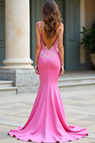 Fourreau rose spaghetti bretelles Satin longue robe de bal avec appliques