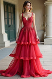 Robe de bal en tulle à volants à bretelles spaghetti rouge avec dentelle