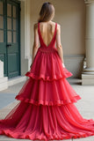 Robe de bal en tulle à volants à bretelles spaghetti rouge avec dentelle