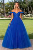 Robe de bal en tulle bleu royal scintillant à épaules dénudées