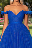 Robe de bal en tulle bleu royal scintillant à épaules dénudées