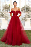Robe de bal rouge en tulle à épaules dénudées