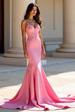 Sirène rose satin spaghetti bretelles robe longue de bal avec appliques