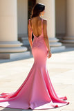 Sirène rose satin spaghetti bretelles robe longue de bal avec appliques