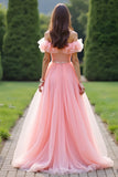 Princesse Robe de Bal Rose Volanté Épaule Dénudée Tulle Robe Longue de Bal Avec Perles