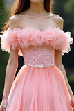Princesse Robe de Bal Rose Volanté Épaule Dénudée Tulle Robe Longue de Bal Avec Perles