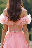 Princesse Robe de Bal Rose Volanté Épaule Dénudée Tulle Robe Longue de Bal Avec Perles