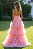 Robe de bal en tulle à volants a-ligne rose