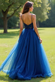 Robe de bal longue trapèze en tulle à bretelles spaghetti bleu marine avec appliques