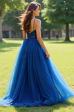 Robe de bal longue trapèze en tulle à bretelles spaghetti bleu marine avec appliques